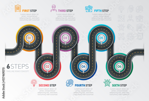 Navigation map infographic 6 steps timeline concept. Winding roa