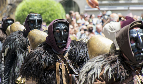 SASSARI, ITALY - May 21th, 2017 - Sardinian ride parade - Man dressed in Sardinian traditional costumes -  Mamuthones from Mamoiada photo