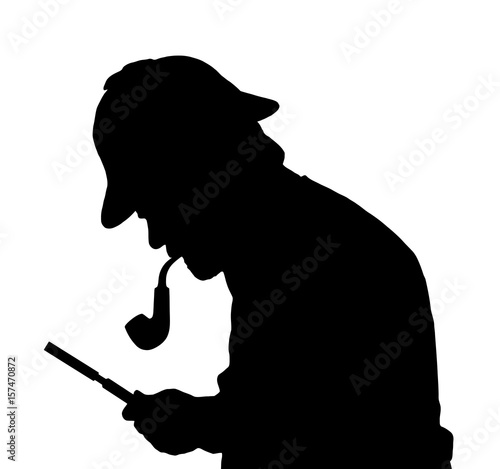 Silhouette of bearded man investigating with a magnifying glass Sherlock hat and pipe