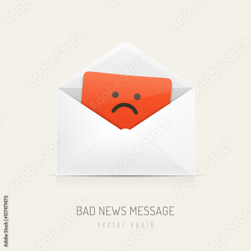 Envelope with orange card which has sad smiley face emoticon printed vector illustration