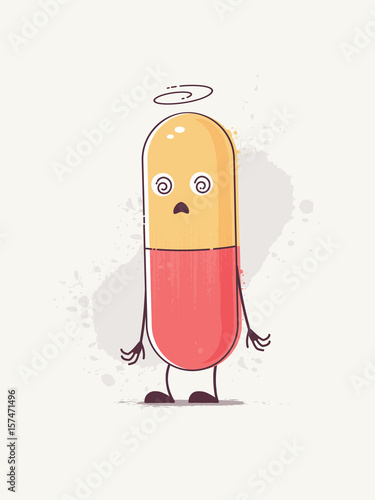 Pill mascot cartoon looking dizzy from drug side effects