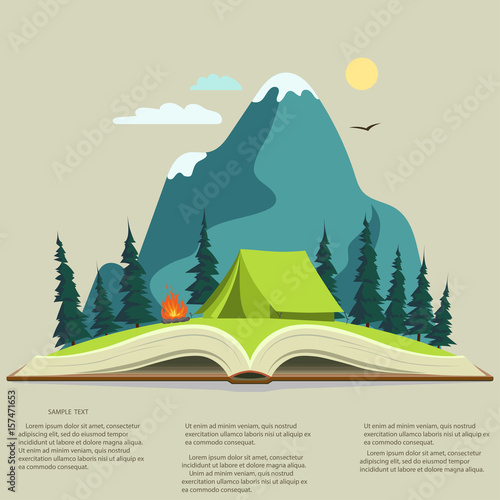 Nature in opened book. camping graphics,  outdoor traveling illustration