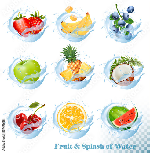 Fototapeta Naklejka Na Ścianę i Meble -  Big collection of fruit in a water splash icons. Pineapple, apple, banana, watermelon, blueberry, guava, strawberry, coconut, cherry, raspberry, orange. Vector Set