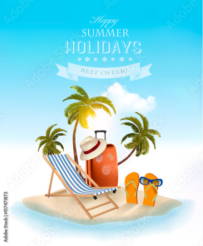 Beach with palm trees and beach chair. Summer vacation concept background. Vector.