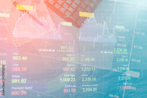 Stack coin money with account book finance and banking with profit graph of stock market trade indicator financial.Double exposure style