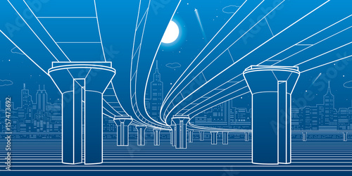 Road overpass. Transportation bridge. Urban infrastructure, modern city on background, industrial architecture. White lines illustration, vector design art 