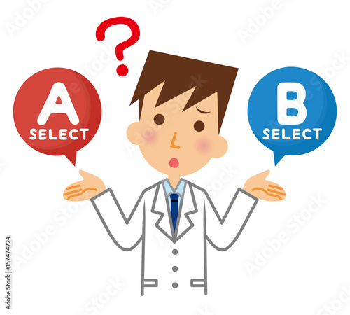 白衣の男性　選択　悩む