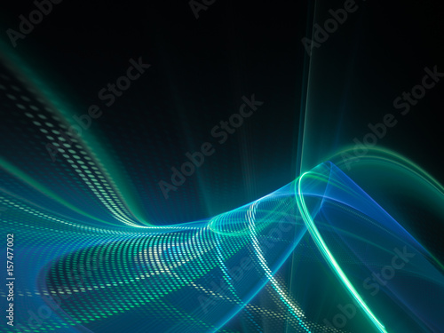 Abstract background element. Fractal graphics series. Three-dimensional composition of glowing lines and mosaic halftone effects. Information and energy concept. Blue and black colors. © Digital art