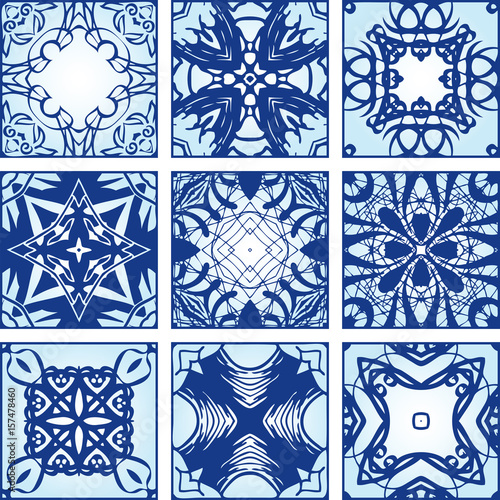 Collection of nine blue tiles 