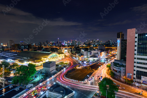 high view of city and blur traffic light in night time