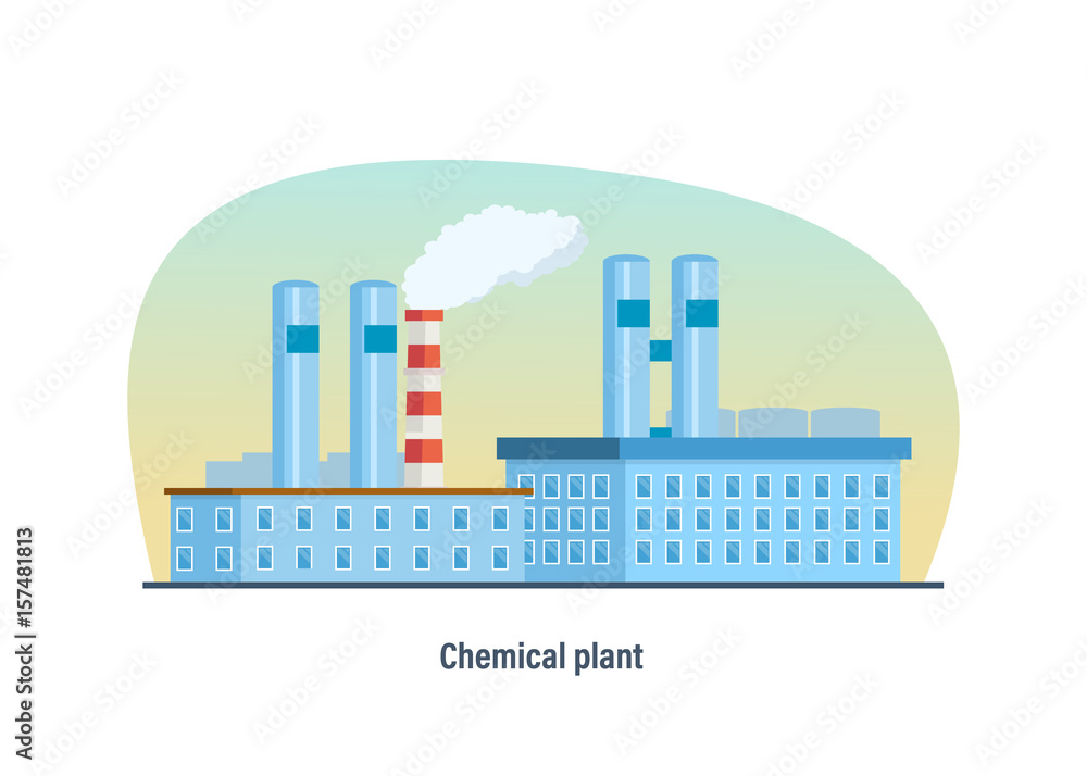 Multi-storey building of chemical plant against background of the city