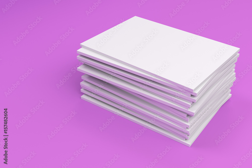 Stack of blank white closed brochure mock-up on violet background Stack of blank white closed brochure mock-up on violet background