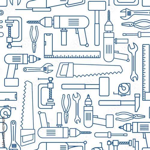 Hardware tool set linear seamless pattern. Vector carpenter of working tools