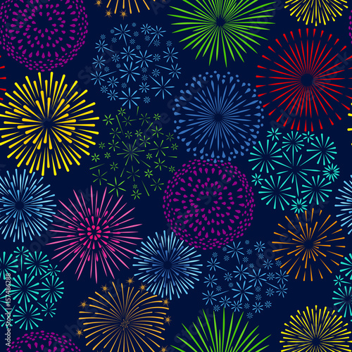 Night firework seamless pattern. Celebration fireworks vector background