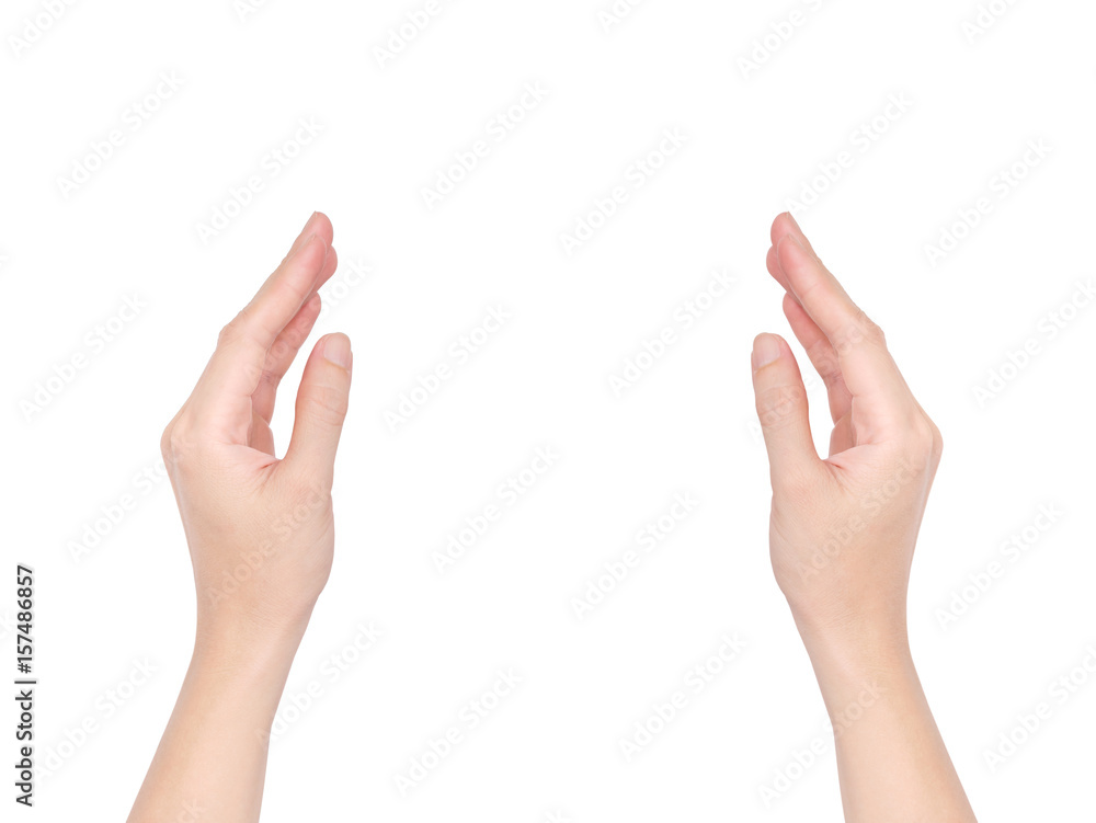Beautiful woman or female's right and left hands in holding, reaching and showing board, credit card or blank paper and pointing finger upward isolated on white background (clipping path included) Beautiful woman or female's right and left hands in holding, reaching and showing board, credit card or blank paper and pointing finger upward isolated on white background (clipping path included)