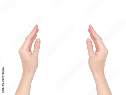 Beautiful woman or female's right and left hands in holding, reaching and showing board, credit card or blank paper and pointing finger upward isolated on white background (clipping path included)