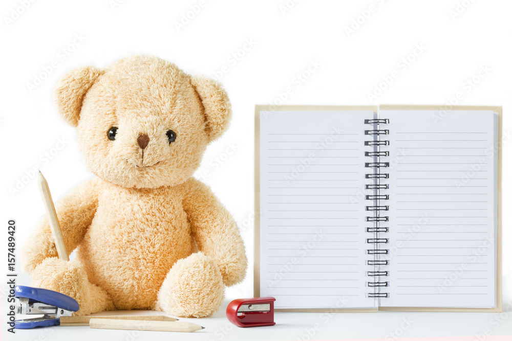 Bear doll sitting holding pencil notebook on white background isolated copyspace. Bear doll sitting holding pencil notebook on white background isolated copyspace.