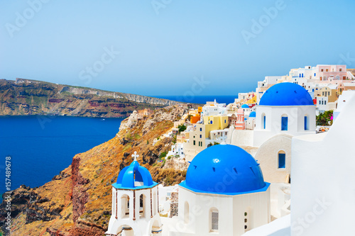 Church with blue domes on Santorini island, Greece.
