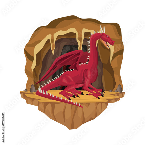 Cave interior scene with dragon greek mythological creature vector illustration