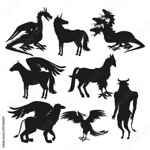 set black silhouette animal greek mythological creatures vector illustration
