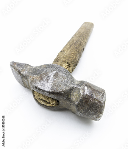 Old hammer close-up on a white background.