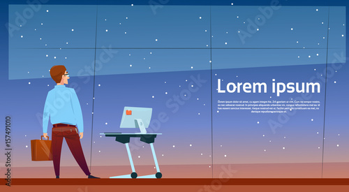 Business Man Near Desk Office Computer Desktop Standing Back Rear View Copy Space Flat Vector Illustration