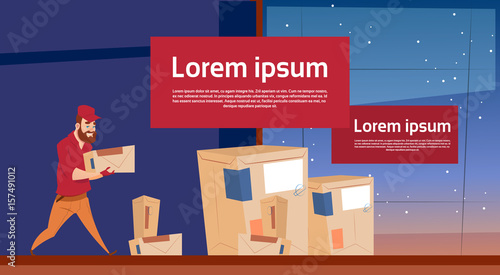 Courier Man Carry Box Delivery Package Post Service Banner Copy Space Flat Vector Illustration