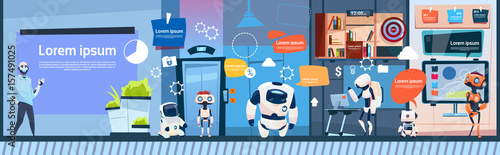 Modern Office Business Robots Group Working, Company Cyborg Team Banner With Copy Space Flat Vector Illustration