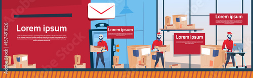 Courier Robots Carry Boxes Delivery Package Post Service Warehouse Interior Banner Copy Space Flat Vector Illustration