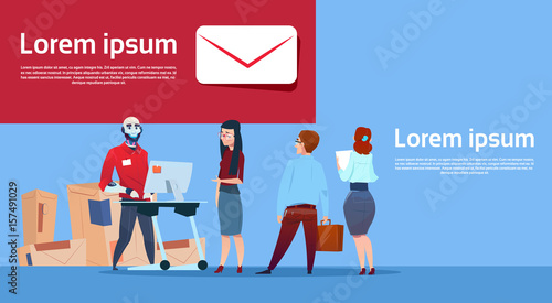 Courier Robots Serving Clients Giving Boxes Delivery Package Post Service Banner Copy Space Flat Vector Illustration
