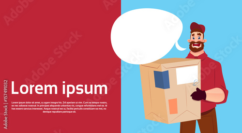 Courier Man Hold Box Delivery Package Post Service Banner Copy Space Flat Vector Illustration