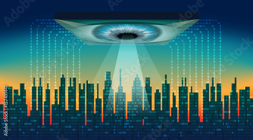 The digital city. Big brother electronic eye concept, technologies for the global surveillance, security of computers and networks, data streams