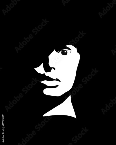 Face front view. Elegant silhouette of a female head. Vector Illustration. Monochrome gamma.