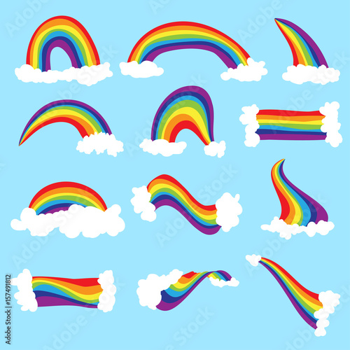 Cute cloud and rainbow vector set. Rainbow cartoon illustration with clouds in sky. Hand draw cute rainbow and cloud