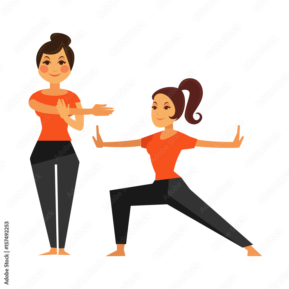 Two female people warming up before karate class