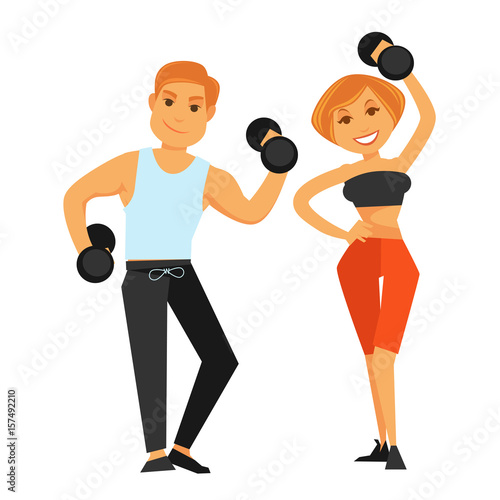Fitness boy and girl doing exercises with dumbbells