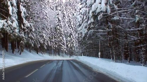 Snowy Drive on a Winding Alpine Road in High Speed VII