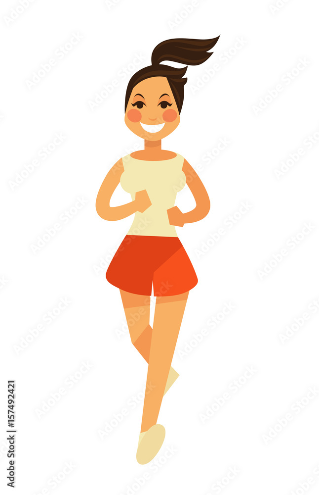 Smiling young female person in shorts runs in camera Smiling young female person in shorts runs in camera