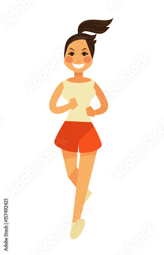 Smiling young female person in shorts runs in camera © Sonulkaster