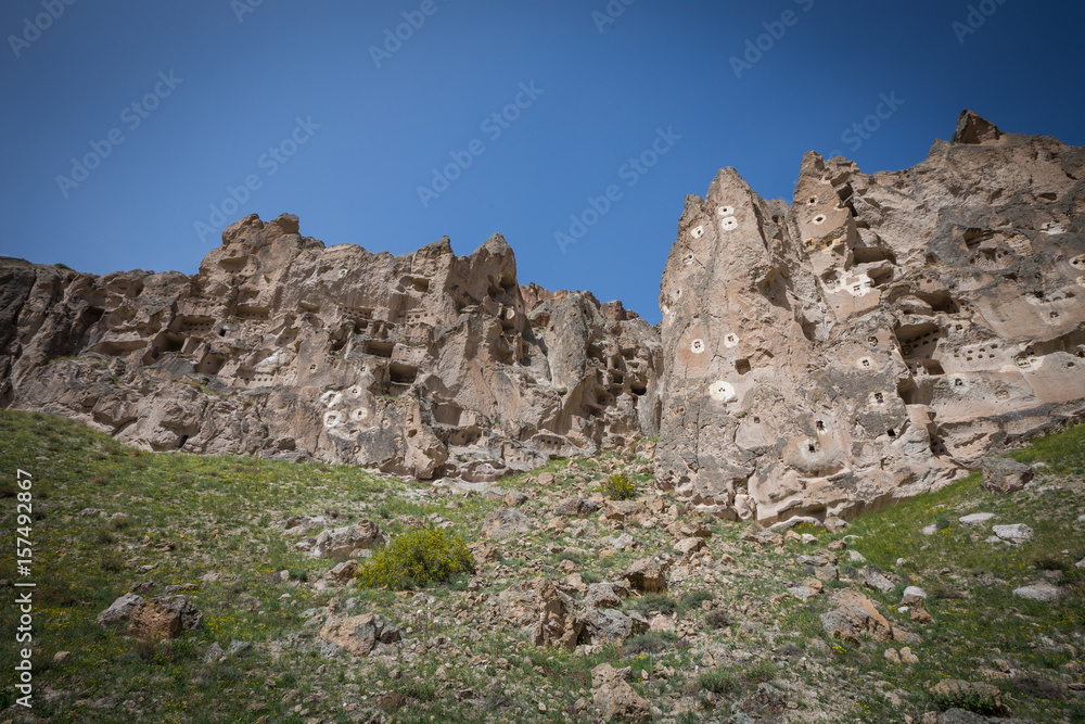 Ancient cave houses in Soganli valley in Cappadocia, central Turkey