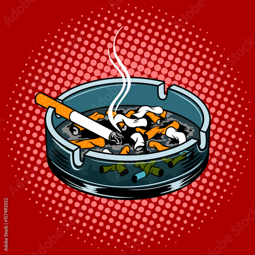 Ashtray with cigarette butts pop art style vector