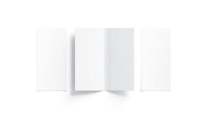 Blank white two folded booklet mock up, opened and closed, front and back side, top view, 3d rendering. Plain twofold brochures mockups set isolated. Book cover and flier inside, copy space.