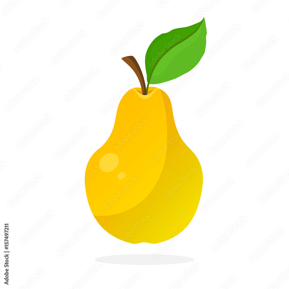 Vector illustration in flat style. Yellow pear with stem and leaf. Healthy vegetarian food. Decoration for greeting cards, prints for clothes, posters, menus Vector illustration in flat style. Yellow pear with stem and leaf. Healthy vegetarian food. Decoration for greeting cards, prints for clothes, posters, menus