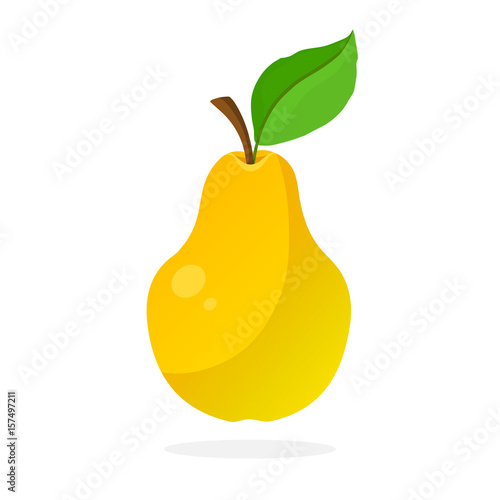 Vector illustration in flat style. Yellow pear with stem and leaf. Healthy vegetarian food. Decoration for greeting cards, prints for clothes, posters, menus