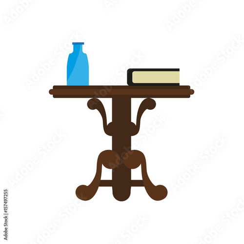 Wooden round table with book and bottle isolated on white