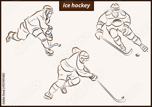 Set of a vector illustration shows a hockey player in attack. Ice Hockey