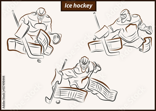 Set of a vector illustration shows a hockey goalkeeper in action. Ice Hockey