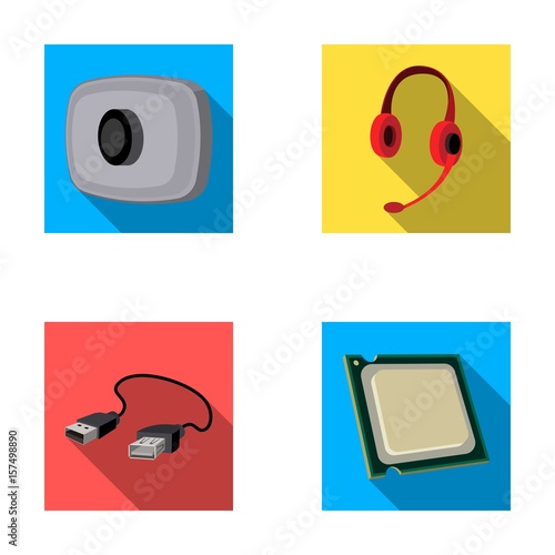 Webcam, headphones, USB cable, processor. Personal computer set collection icons in flat style vector symbol stock illustration web.