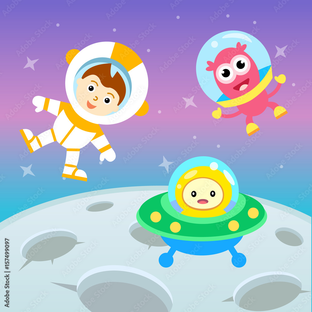 Astronaut and aliens flight to the moon. Astronaut and aliens flight to the moon.