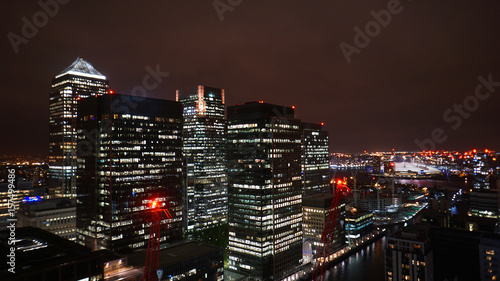 Aerial night photo of iconic Canary Warf in isle of Dogs skyline, London, United Kingdom